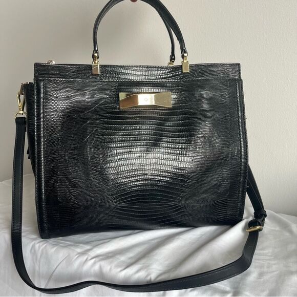 KATE SPADE Croc Black Leather Bow Satchel Tote Handbag Knott Dumpling Madison - Picture 1 of 13